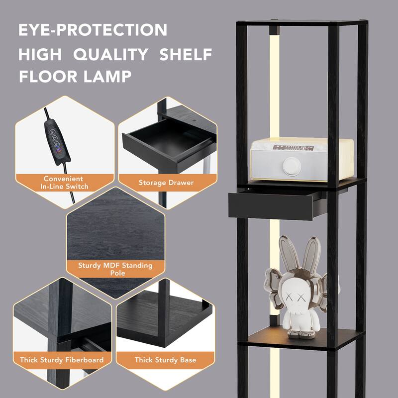 64" Column Floor Lamp with Shelves, 1 Drawer and 3in1 Dimmable LED